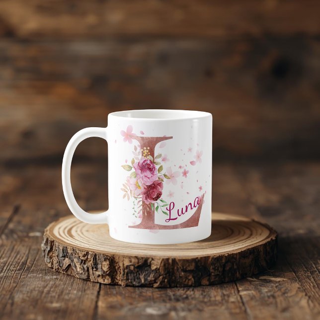 De Café Caneca com Floral Personalizada Inicial – Letra L (Criador carregado)