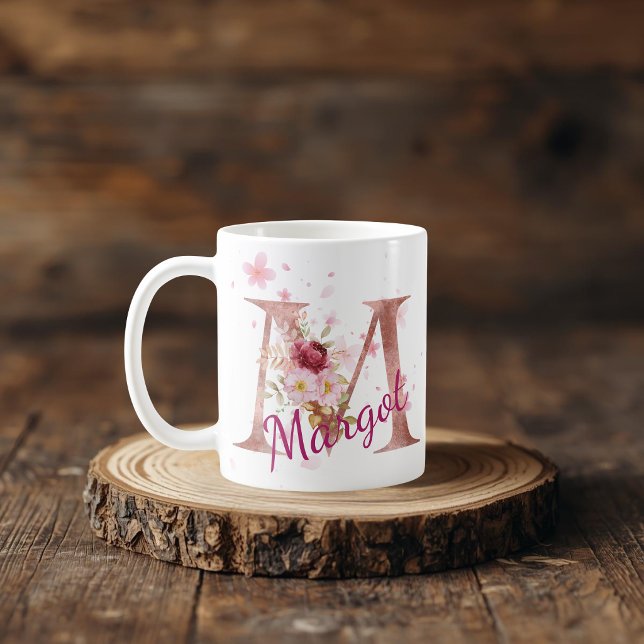 De Café Caneca com Floral Personalizada Inicial – Letra M (Criador carregado)