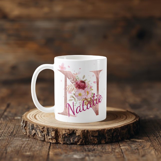 De Café Caneca com Floral Personalizada Inicial – Letra N (Criador carregado)