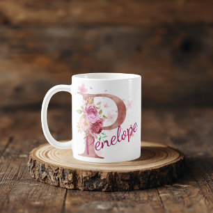 De Café Caneca com Floral Personalizada Inicial – Letra P