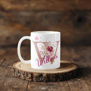 De Café Caneca com Floral Personalizada Inicial – Letra W
