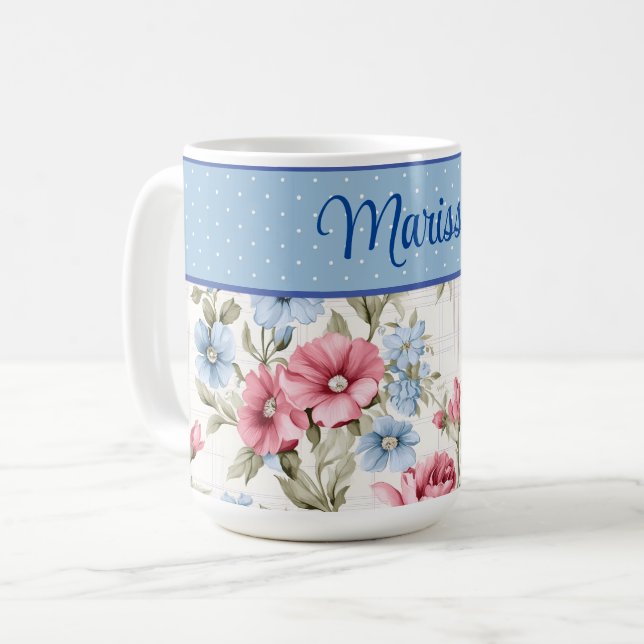 De Café Caneca com Flores e Pontos Rosa e Azul Céu (Frente Esquerda)