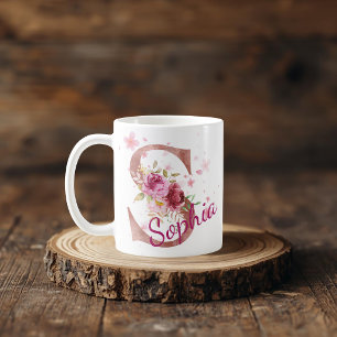 De Café Caneca com Inicial Floral Personalizada – Letra S