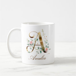 De Café Caneca com Letra A em Floral Dourada Personalizada