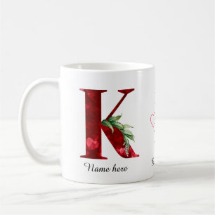 De Café Caneca com Letra Inicial K Floral Coração Vermelho