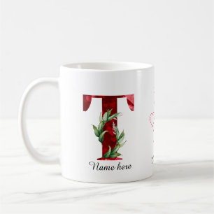 De Café Caneca com Letra Inicial T Floral Coração Vermelho