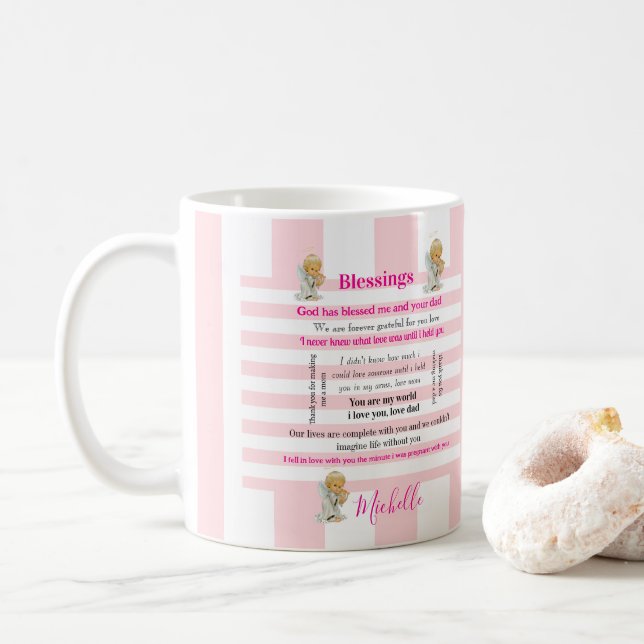 De Café Caneca com Listra Rosa e Branca Bênçãos (Com Donut)