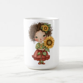 De Café Caneca com Menina Segurando Girassol