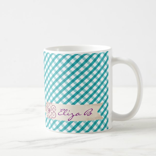 De Café Caneca com padrão xadrez azul e branco Monogram (Direita)