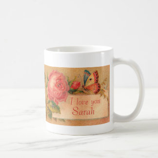 De Café Caneca com um rosa do Victorian do vintage, "eu te
