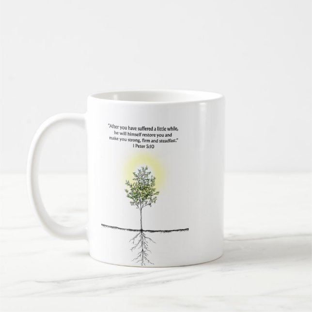 De Café Caneca com versículo bíblico cristão 1 Pedro 5:10  (Esquerda)