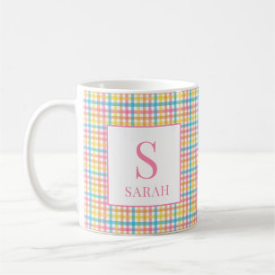 De Café Caneca com Xadrez Gingham Colorido e Nome Personal