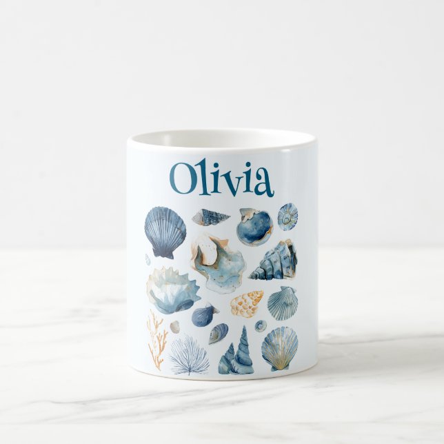 De Café Caneca Conchas Azuis | Nome Personalizado (Centro)