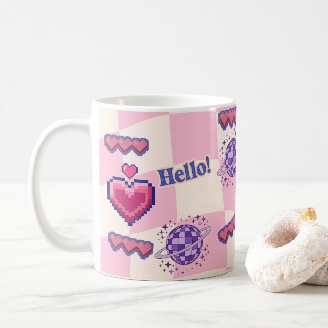 De Café Caneca Coração Pixel Retro Rosa (Com Donut)