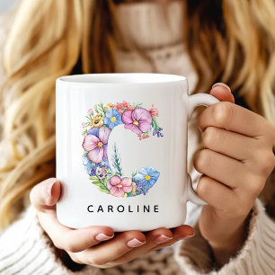 De Café Caneca do Alfabeto Floral Personalizado para Ela, 