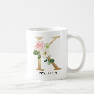 De Café Caneca do monograma, monograma floral K, presente