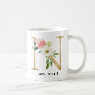 De Café Caneca do monograma, monograma floral N, presente