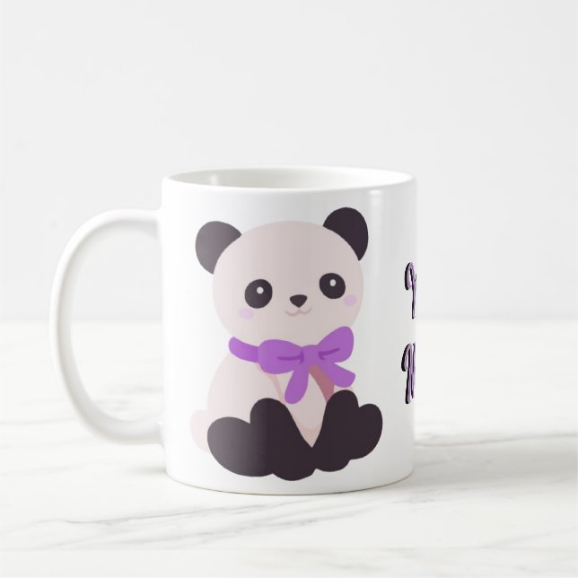 De Café Caneca do Urso Panda Sentado Kawaii com Laço Roxo (Esquerda)