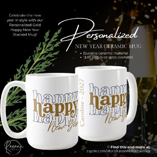 De Café Caneca Empilhada Ano Novo Feliz Dourada Personaliz
