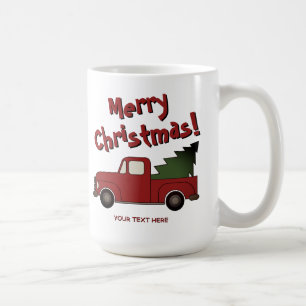 De Café Caneca engraçada com velho caminhão vermelho e árv