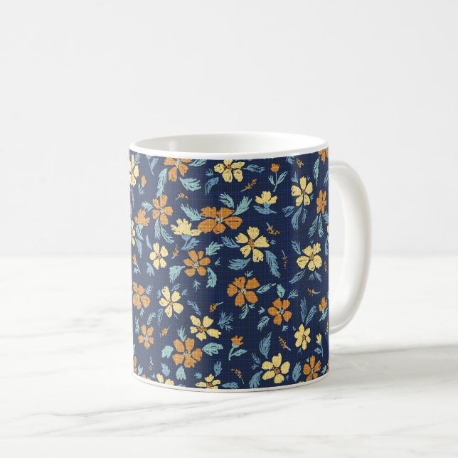De Café Caneca floral azul e amarelo (Frente Esquerda)