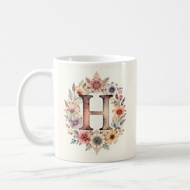De Café Caneca floral boho flor inicial  (Esquerda)