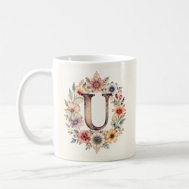 De Café Caneca floral boho flor U inicial (Esquerda)