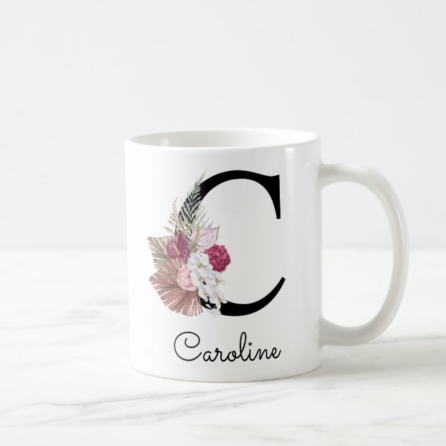 De Café Caneca Floral Boho Rosa Moderno Inicial C (Direita)