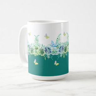 De Café Caneca Floral Borboletas Verde Água