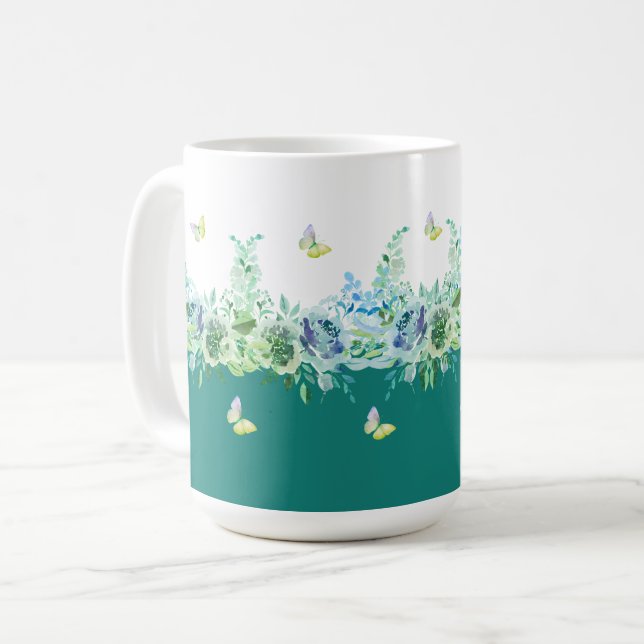 De Café Caneca Floral Borboletas Verde Água (Frente Esquerda)