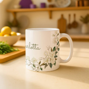 De Café Caneca Floral Branca Personalizada, Nome Personali