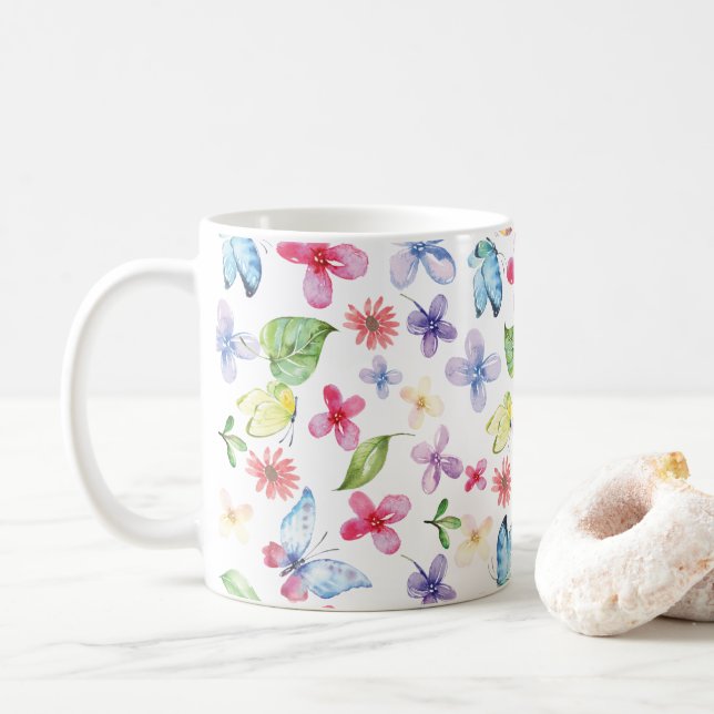 De Café Caneca floral do primavera da borboleta (Com Donut)