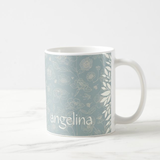 De Café Caneca Floral Elegant Name em Verde Sage (Direita)