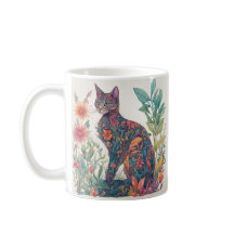 Caneca Floral Felina Colorida Ilustrada