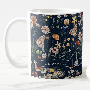 De Café Caneca Floral Monograma Azul Marinho