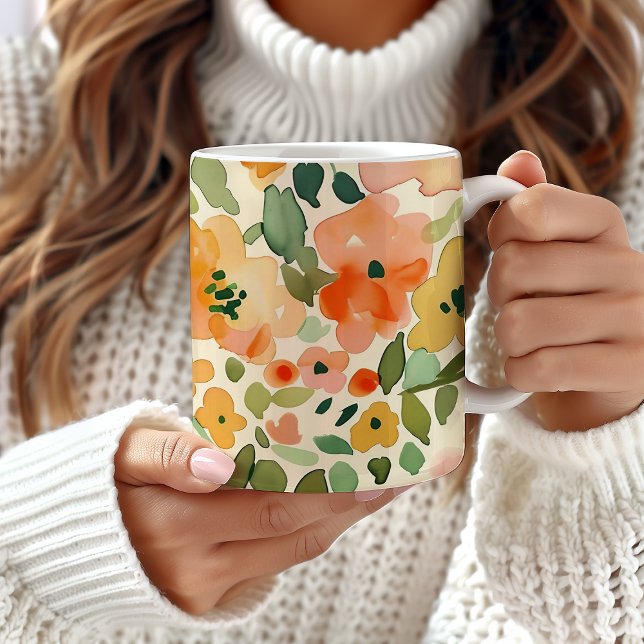 De Café Caneca Floral, Peach Floral Patterine Mug, Aquarel (Criador carregado)