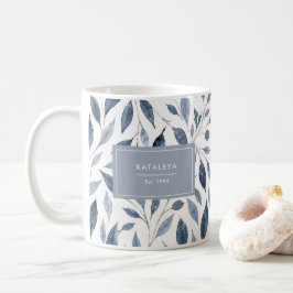 De Café Caneca Folha Azul Elegante com Nome Personalizado
