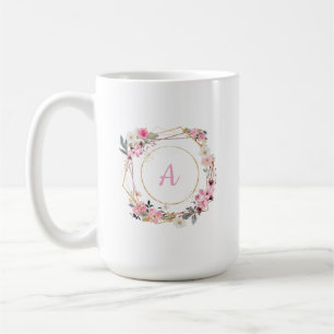 De Café Caneca Geométrica Dourada com Flores Rosa