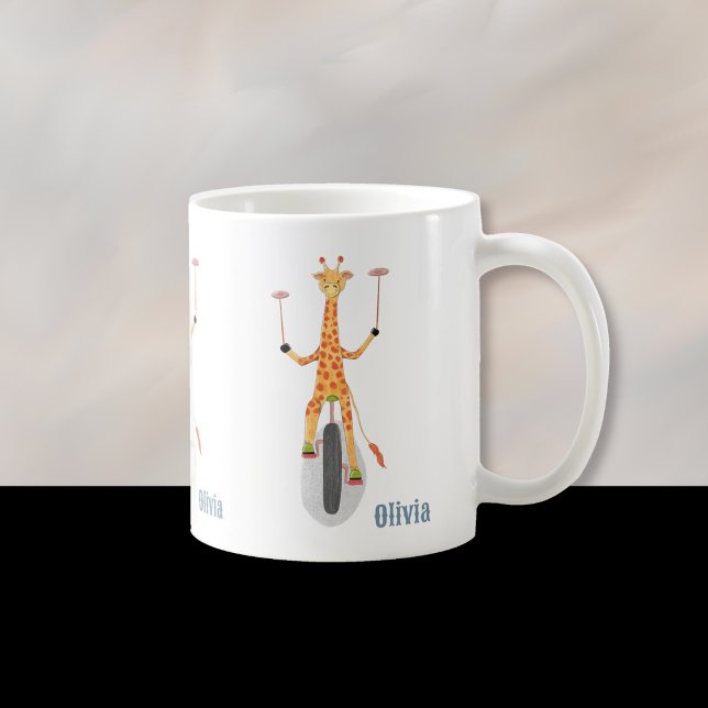 De Café Caneca infantil Girafa em um monociclo com nome (Fun cartoon giraffe on a unicycle kid personalized mug . )