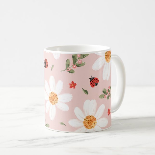 De Café Caneca Joaninha Fofa e Flor Branca (Frente Esquerda)