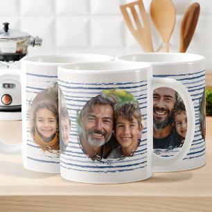De Café Caneca Listrada com Fotos da Família em Azul Neutr