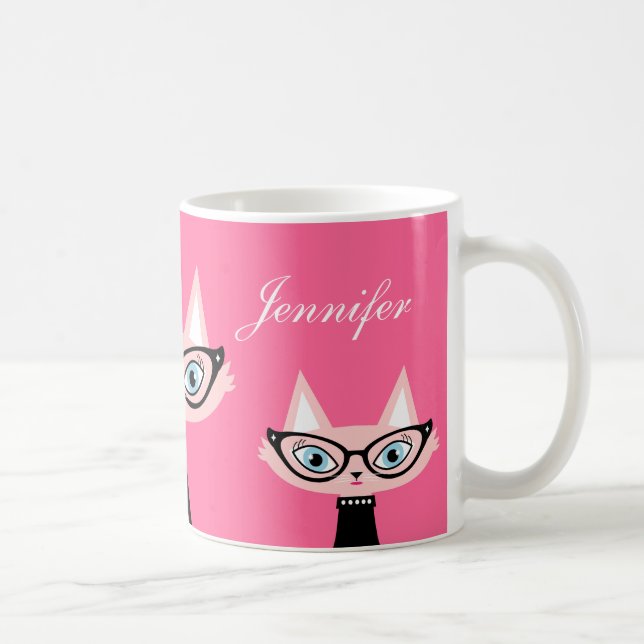 De Café Caneca moderna retro chique do gato - rosa (Direita)