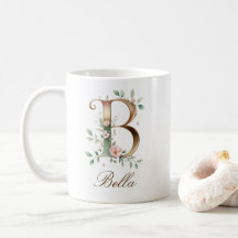 Caneca Monograma Floral Dourada Letra B Elegante