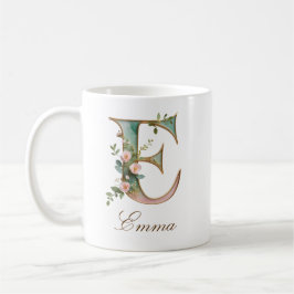 De Café Caneca Monograma Letra E Floral em Ouro Elegante