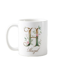 Caneca Monograma Letra H Floral em Ouro Elegante