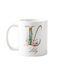 Caneca Monograma Letra L Floral Ouro Elegante
