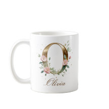 Caneca Monograma Letra O Floral em Ouro Elegante