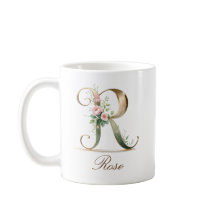 Caneca Monograma Letra R Floral Ouro Elegante