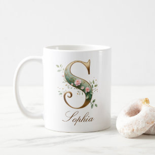 De Café Caneca Monograma Letra S Floral Dourada Elegante