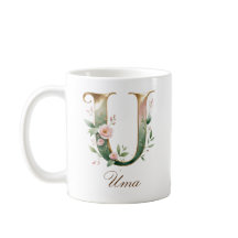 Caneca Monograma Letra U Floral Ouro Elegante